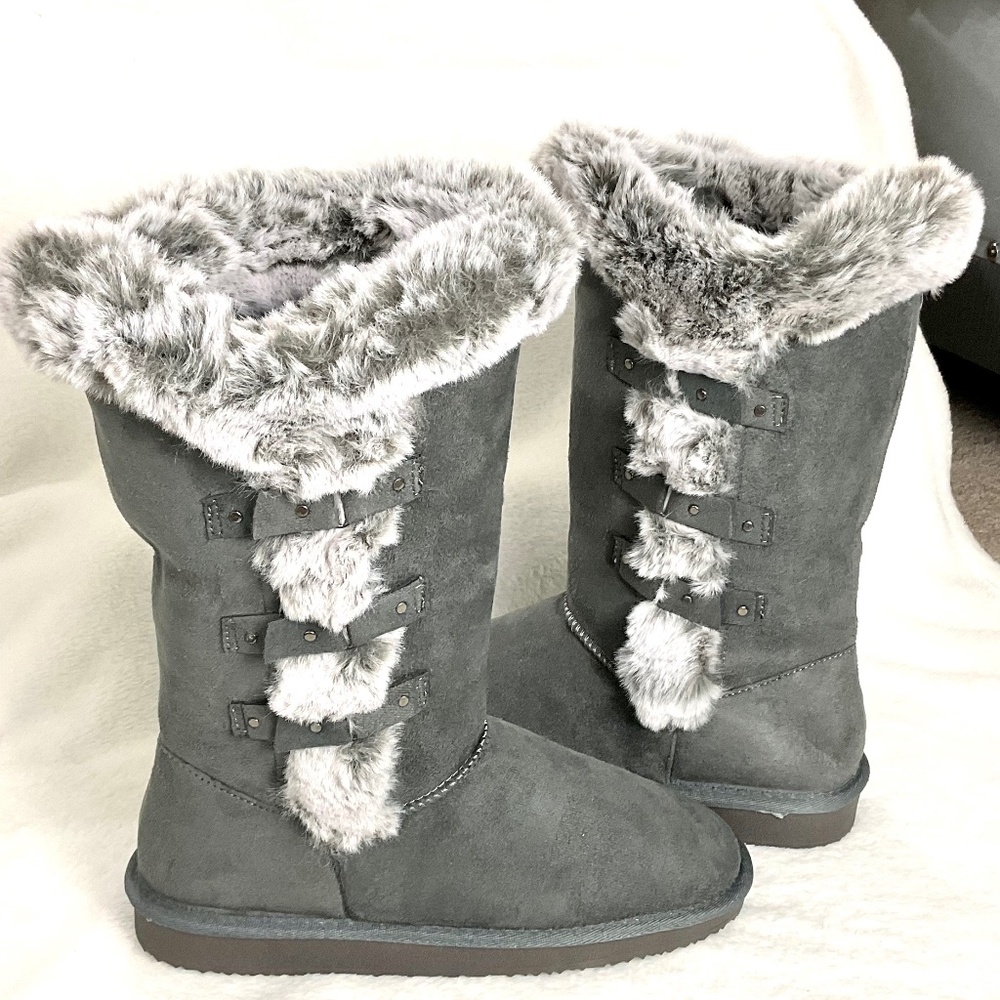 HStylish Gray Slip On Calf High Fur-Lined Waterproof Winter Snow Boots